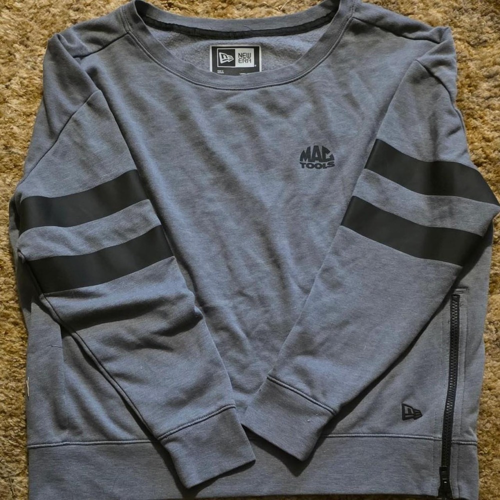 New Era gray sweatshirt with black stripes on sleeves, size M